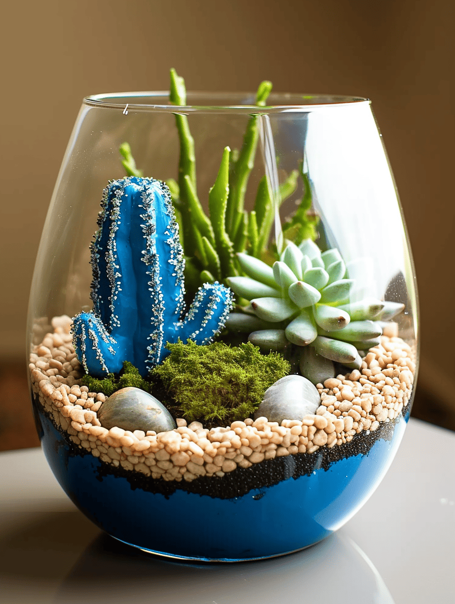 A clear, ovular glass vase serves as a terrarium containing a vibrant blue cactus, green succulents, moss, pebbles, and a layer of blue sand, arranged on a smooth surface against a soft brown background ar 3:4