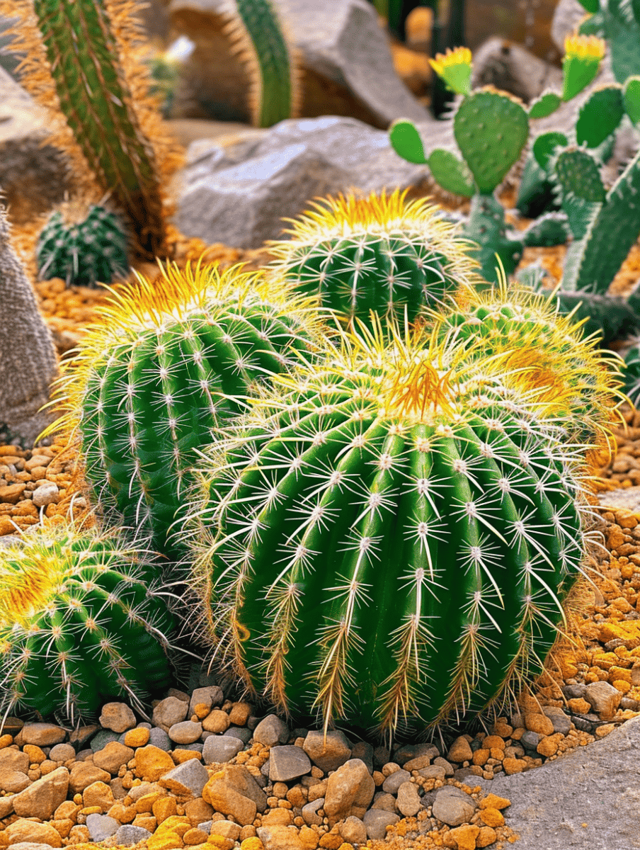 A close-up of a vibrant cactus garden shows a cluster of barrel cacti with radiant yellow and white spines among a bed of small brown stones, with tall green cacti and prickly pear cacti in the background ar 3:4