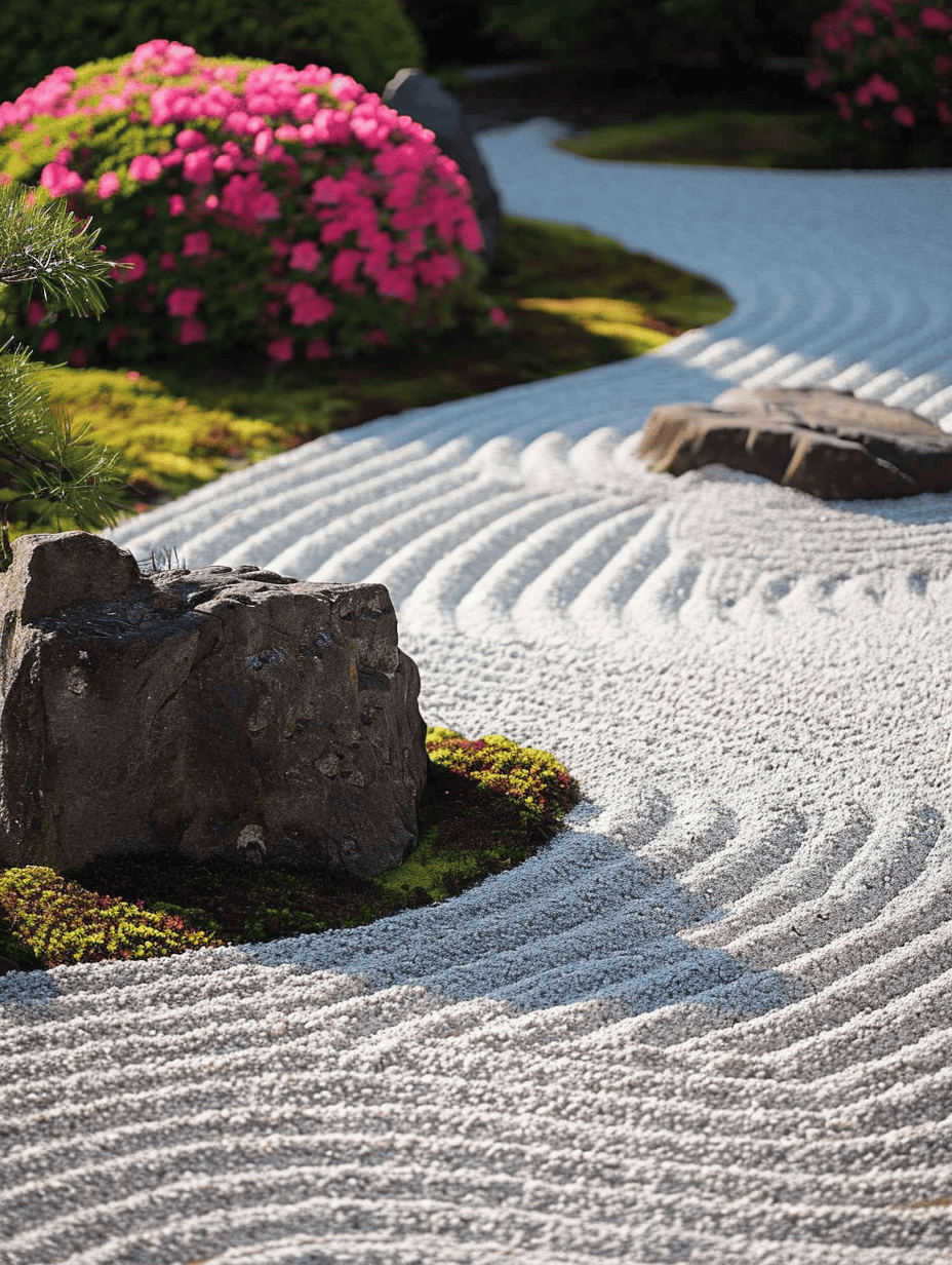 A close-up view of a Zen garden featuring intricately raked white gravel creating a rippling effect around a large central rock, with a lush azalea bush in full pink bloom in the background ar 3:4