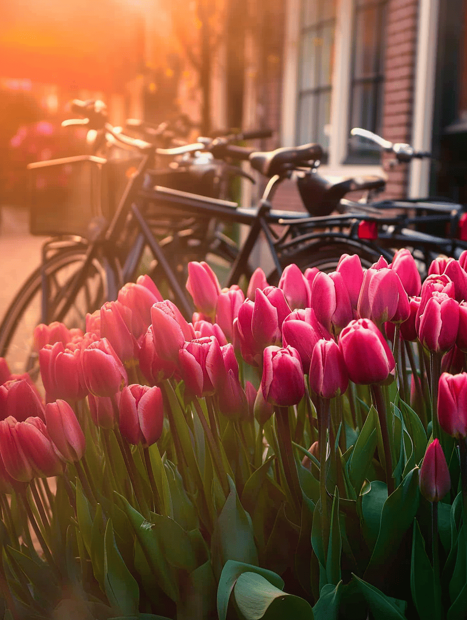A cluster of pink tulips bathed in the warm glow of a sunset, with the silhouettes of bicycles in the background suggesting a tranquil urban scene ar 3:4