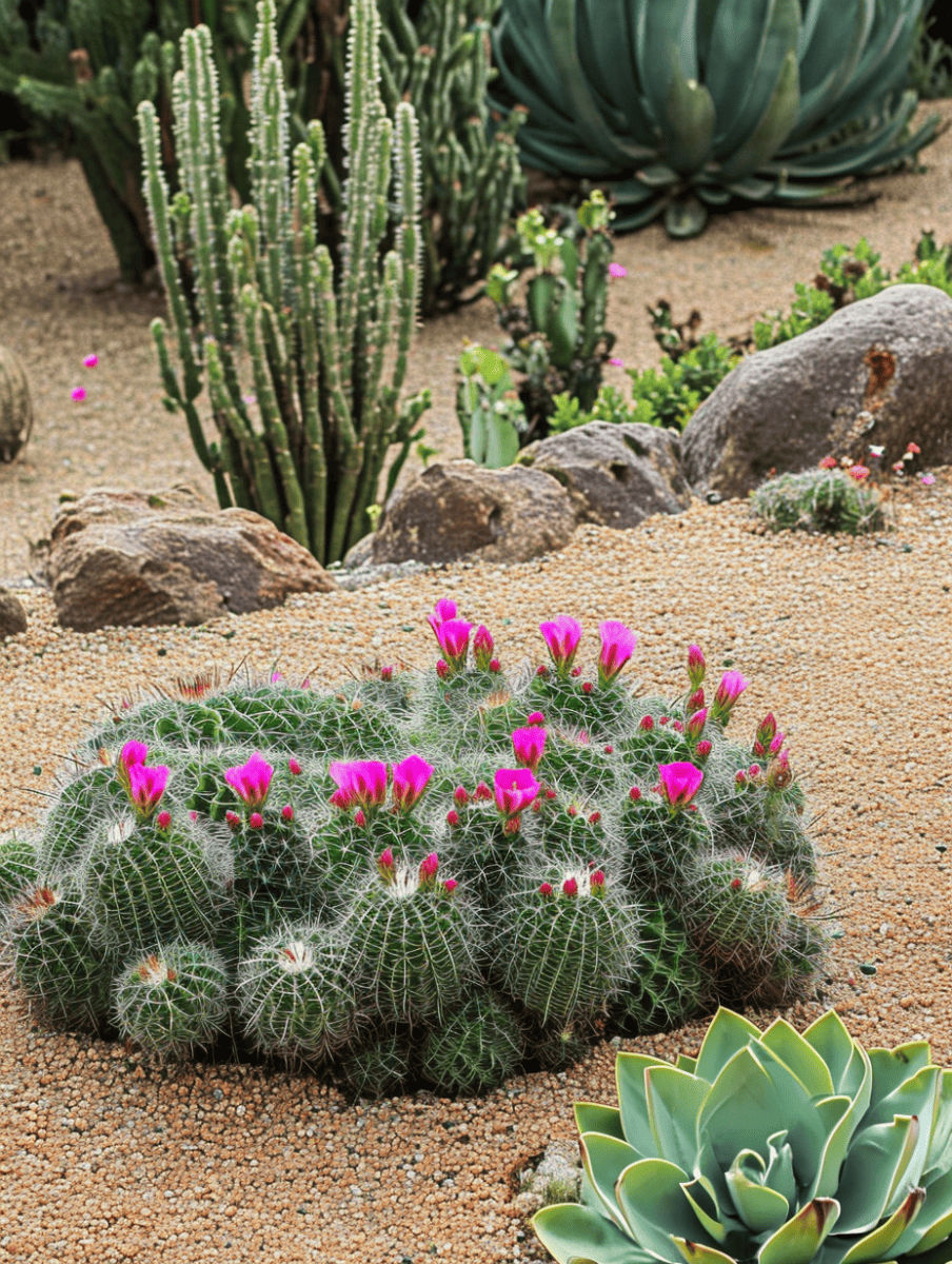 A cluster of round cacti with bright pink blooms takes center stage among a sandy terrain dotted with various green succulents and tall, slender cacti, accented by scattered boulders ar 3:4