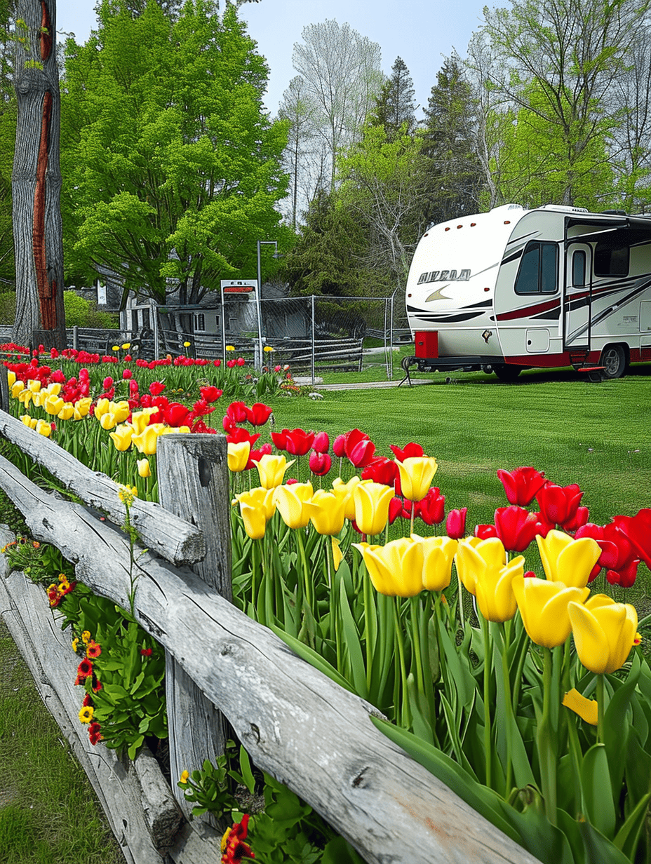 A colorful array of red and yellow tulips blooms along a rustic wooden fence, with a lush green park and a recreational vehicle in the background ar 3:4