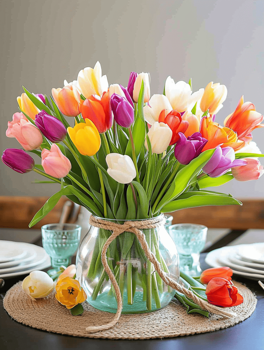 A colorful display of multicolored tulips arranged in a clear glass vase, secured with twine, on a table set for dining ar 3:4