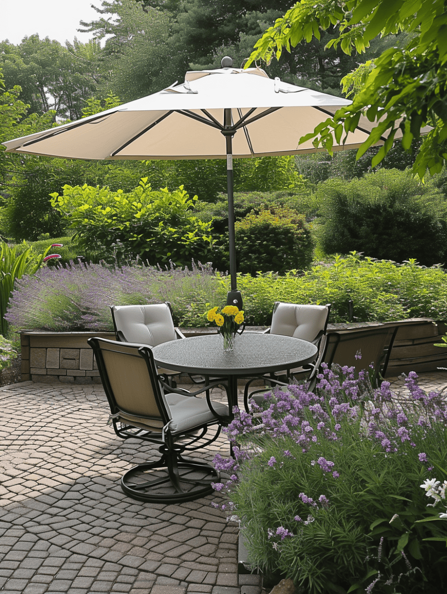 A comfortable outdoor dining set with plush chairs and a large umbrella is set on a cobblestone patio, surrounded by blooming lavender and lush greenery, perfect for a garden gathering ar 3:4