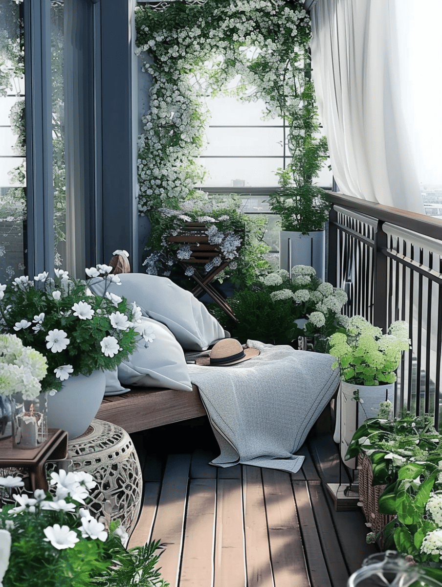 A cozy balcony garden adorned with an abundance of white blossoms climbing over the railing and walls, creating a lush, garden oasis around a relaxing nook with cushions and a throw blanket, perfect for leisurely afternoons ar 3:4
