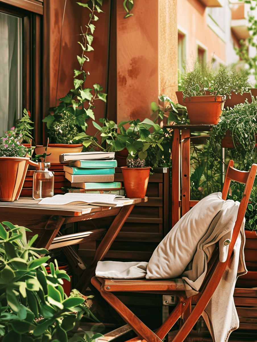 A cozy balcony retreat is arranged with wooden furniture, including a foldable chair and table holding an assortment of potted plants and a stack of books, creating an inviting outdoor reading nook bathed in warm sunlight ar 3:4