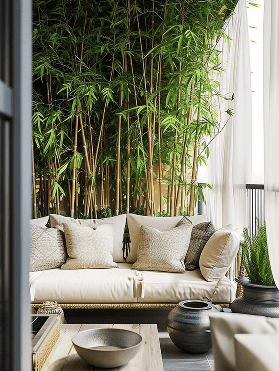 A cozy balcony space is enhanced by a lush screen of bamboo, providing a verdant backdrop to a comfortable seating area adorned with plush cushions and textured throw pillows ar 3:4