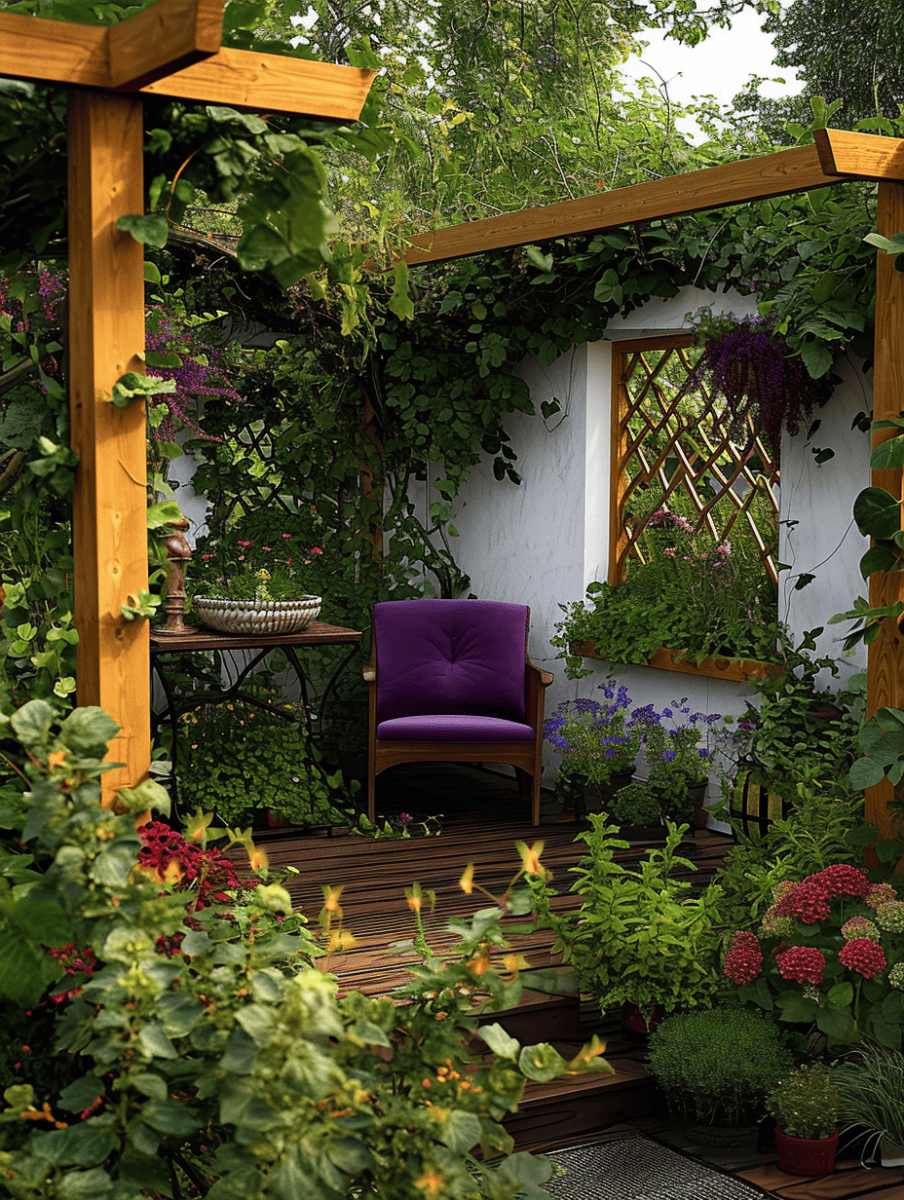 A cozy garden nook on multiple levels bursts with color, combining rich purples, vibrant greens, and warm wooden tones, complemented by a plush purple chair under a vine-draped pergola ar 3:4