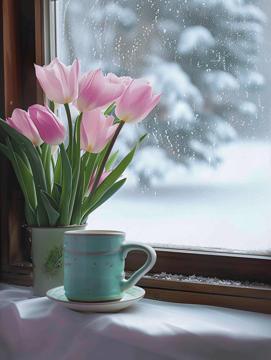 A cozy indoor scene with a bouquet of pink tulips in a vase and a teal cup on a saucer, set against a window with water droplets on the glass and a snowy landscape visible outside ar 3:4