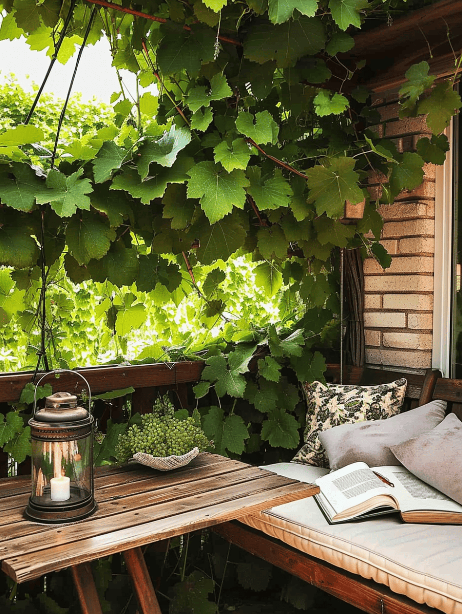 A cozy nook on a wooden bench adorned with cushions under a canopy of grape leaves, complete with a rustic lantern and a bowl of grapes on the table, invites leisurely reading in a serene outdoor setting ar 3:4