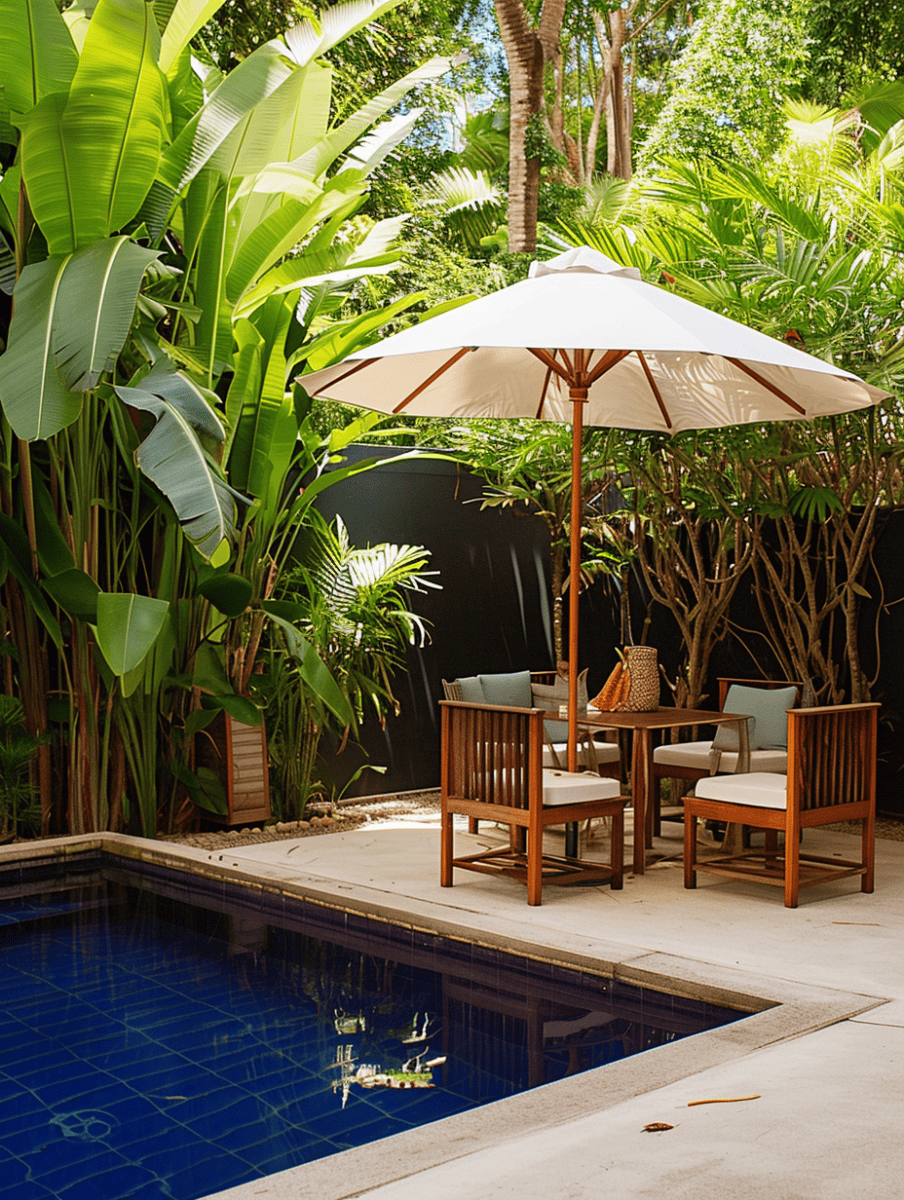 A cozy poolside seating area with wooden chairs and a table under a cream-colored umbrella offers a tropical retreat, surrounded by lush banana leaves and other verdant plants  ar 3:4