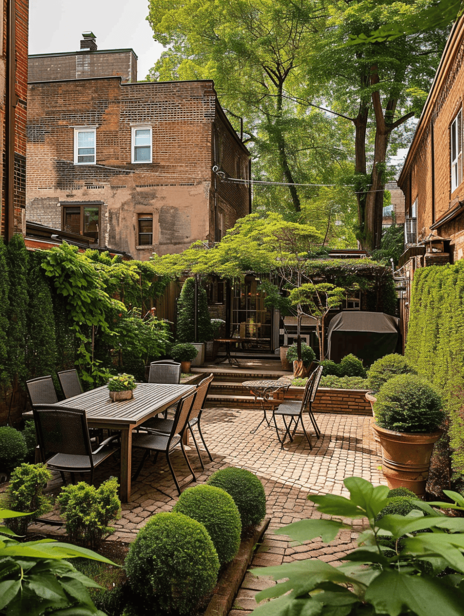 a cozy urban patio surrounded by a variety of lush privacy plants, with neatly trimmed hedges, potted shrubs, and a canopy of tree leaves above, creating a secluded outdoor dining area with elegant furniture ar 3:4