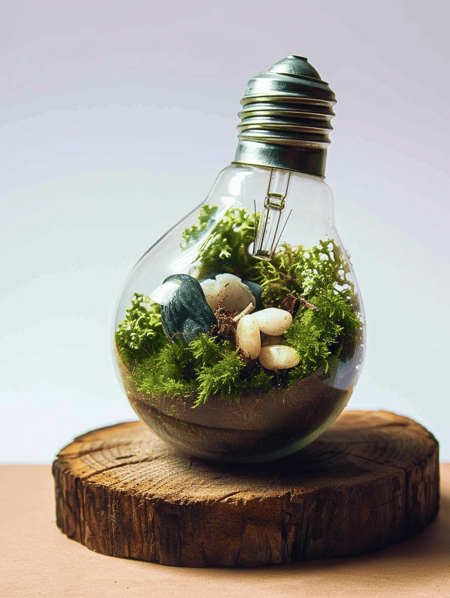 A creative terrarium crafted inside a clear light bulb rests on a wooden base, filled with verdant moss, pebbles, and small plants, against a soft beige background ar 3:4
