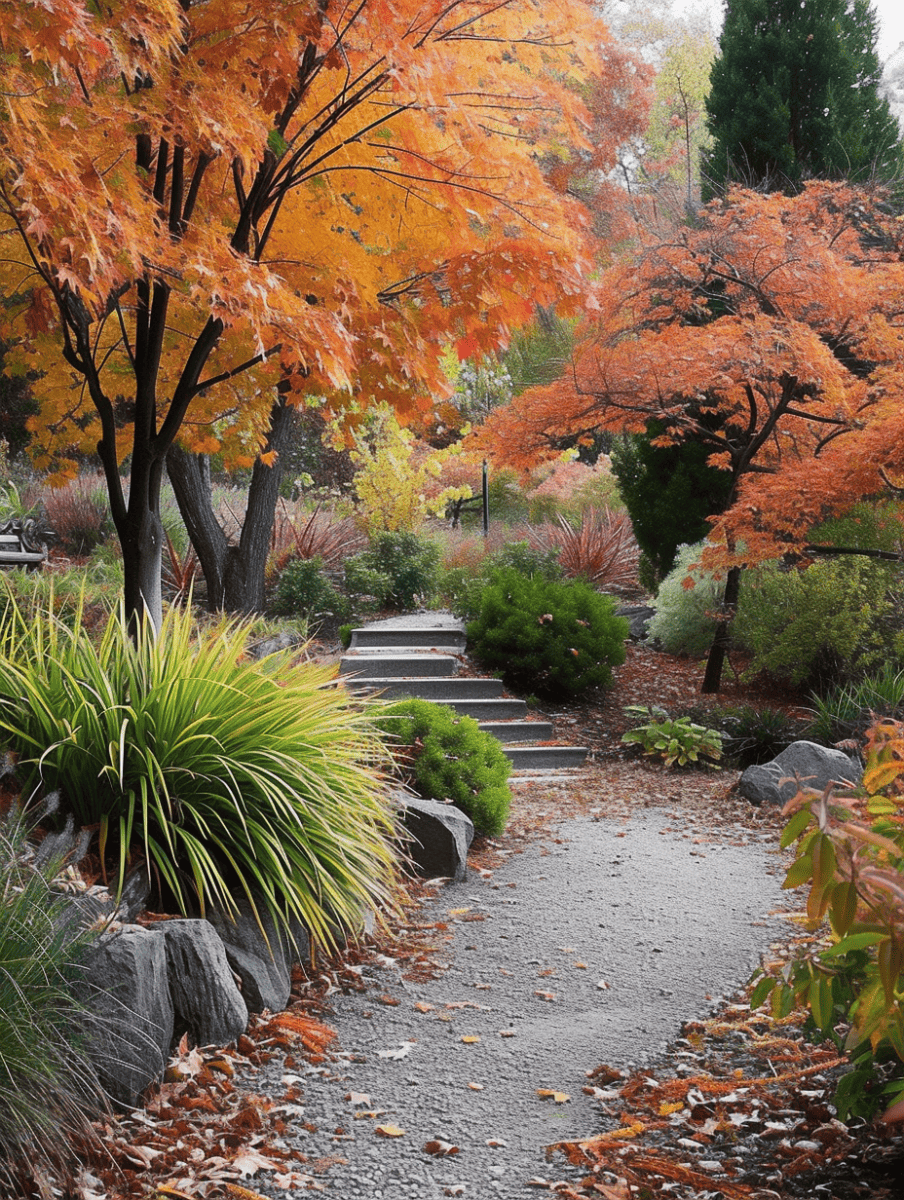 A crushed stone path meanders through a multi-tiered garden ablaze with fall colors, from fiery maples to lush green shrubs. --ar 3:4