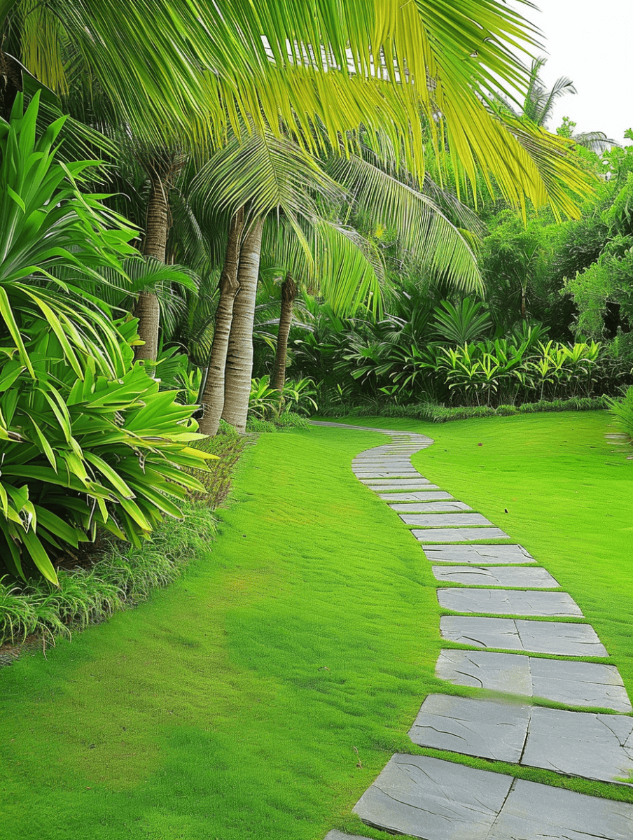 A curved stone pathway leads through a vibrant green lawn, flanked by lush tropical plants and the fronds of palm trees, in a peaceful garden scene ar 3:4
