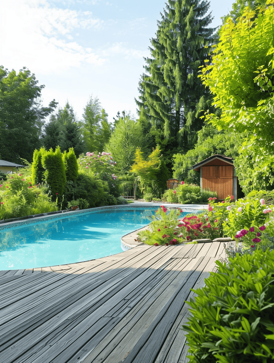 A curved swimming pool with wandering lines nestles asymmetrically amidst a lush garden, bordered by a weathered wooden deck that leads the eye through the verdant landscape ar 3:4