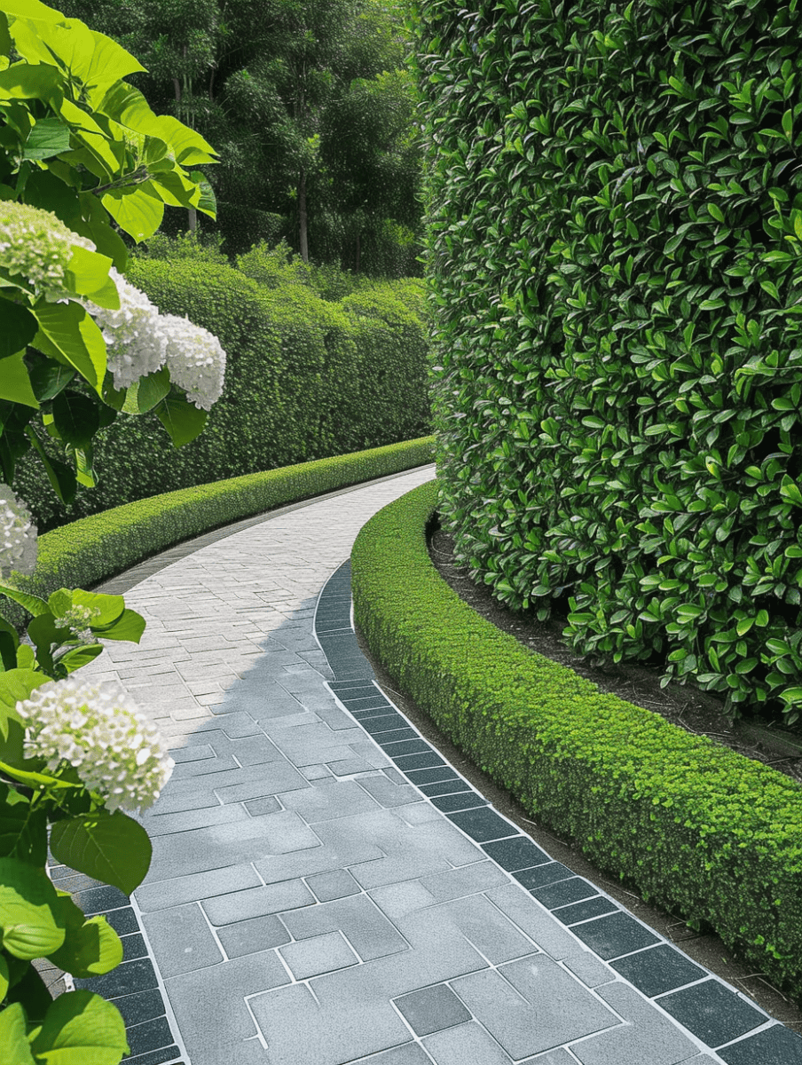 A curving walkway of monochromatic stone hues, flanked by a perfectly trimmed green hedge and interspersed with vibrant hydrangea blooms. --ar 3:4
