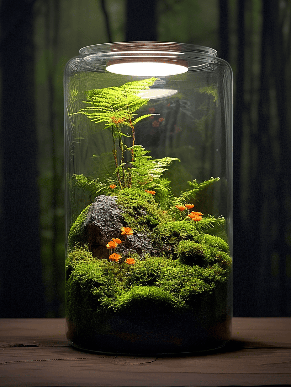 A cylindrical glass terrarium displays a vibrant green mossy landscape with ferns, orange flowers, and a central rock, warmly illuminated from above, set on a wooden surface against a backdrop of dark vertical lines suggestive of trees ar 3:4