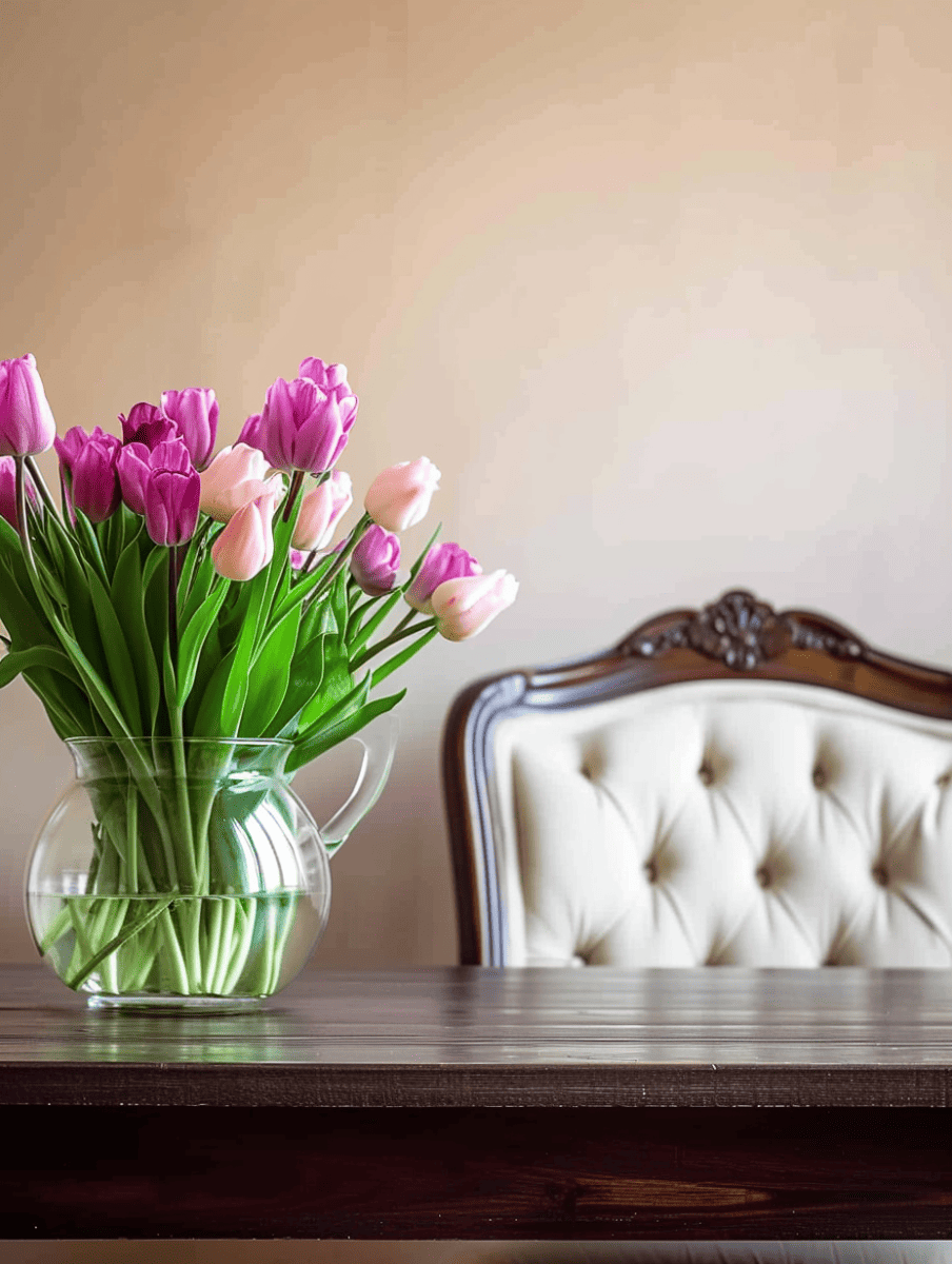 A delicate arrangement of pink and pale pink tulips in a transparent vase on a wooden surface, with an elegant tufted chair in the background ar 3:4