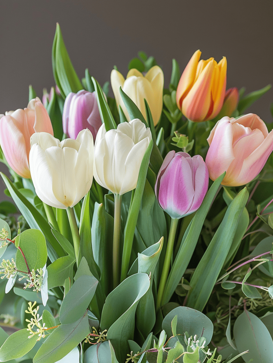 A delicate mix of tulips in soft shades of white, pink, purple, and yellow, gently interspersed with green foliage ar 3:4