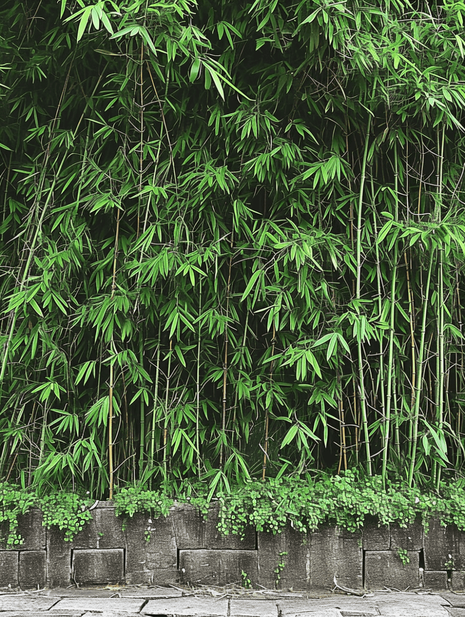 A dense bamboo backdrop towers above a concrete block wall, with its leaves creating a vibrant green screen along a paved area ar 3:4