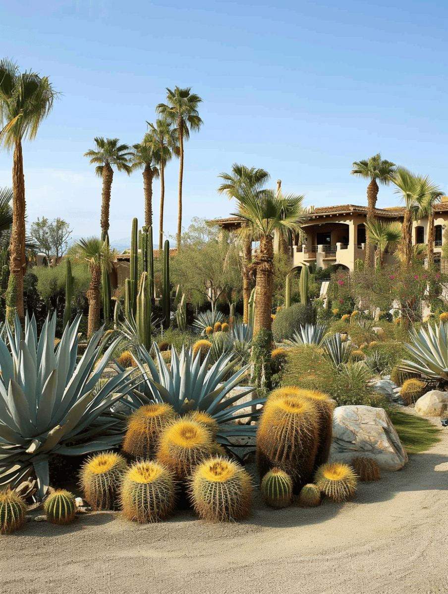 A desert garden landscape showcases a variety of cacti, including barrel and agave, with tall palm trees rising in the background, complementing a stucco villa under a clear blue sky ar 3:4