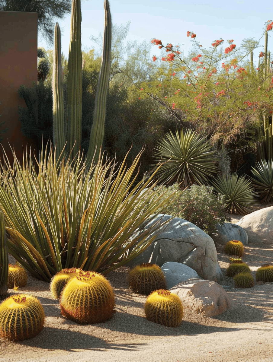 A desert garden scene with golden barrel cacti and spiky yuccas in sandy soil, complemented by tall, slender cacti and a tree with red blooms in the background, under a clear blue sky ar 3:4