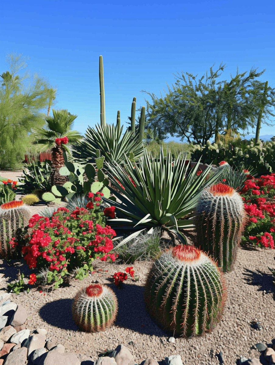 A desert garden scene with towering saguaro cacti and robust barrel cacti surrounded by vibrant red flowering shrubs under a clear blue sky ar 3:4