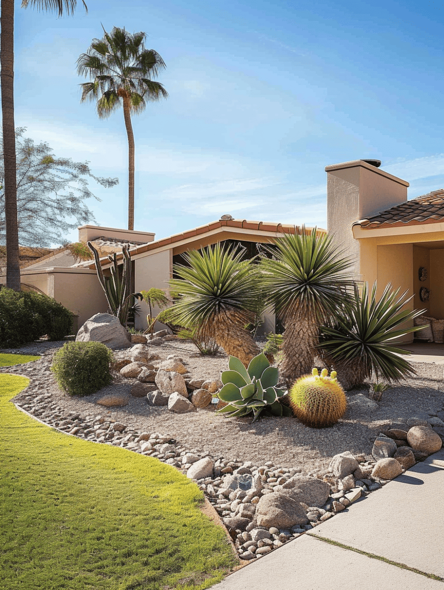 A desert-inspired landscape with a variety of cacti and succulents is complemented by a tall, slender palm tree, set against the backdrop of a modern home with a tiled roof ar 3:4