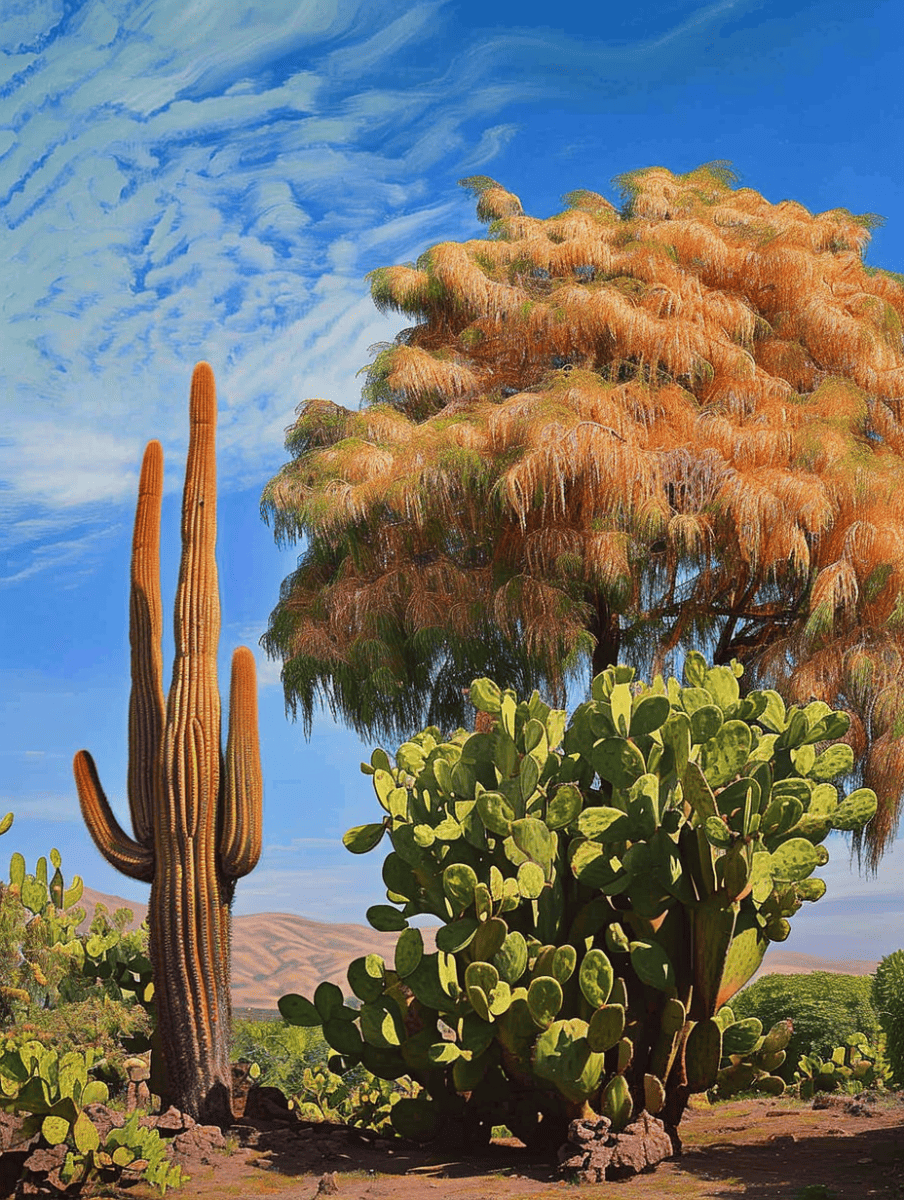 A desert landscape under a blue sky with wispy clouds, showcasing a towering saguaro cactus, a dense clump of prickly pear cacti, and a lush, feathery tree with orange foliage ar 3:4