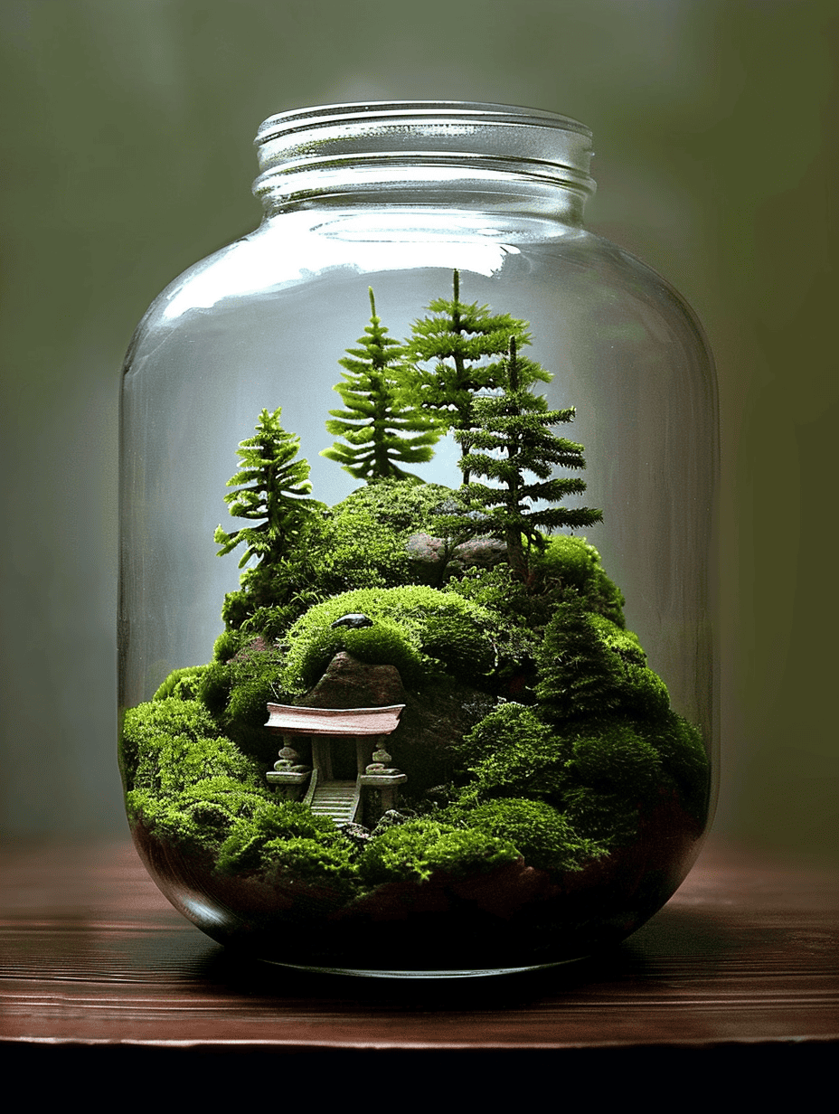 A detailed moss terrarium in a large glass jar, showcasing a serene miniature landscape with tall evergreen trees and a small ornate shrine, evoking a tranquil forest scene ar 3:4