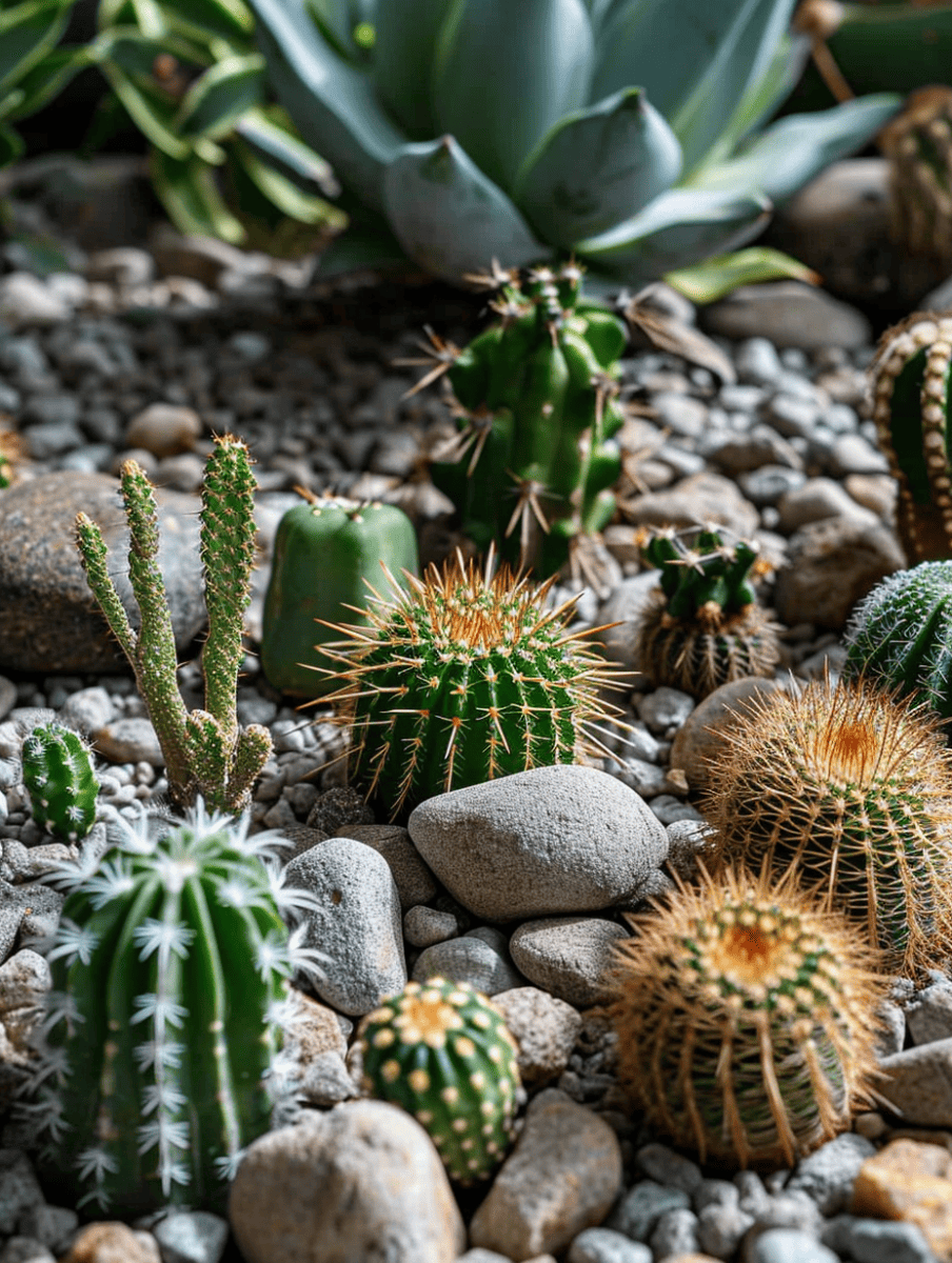 A detailed view of a succulent garden, where various cacti with spikes and bright colors are interspersed with smooth, rounded river stones under soft lighting ar 3:4