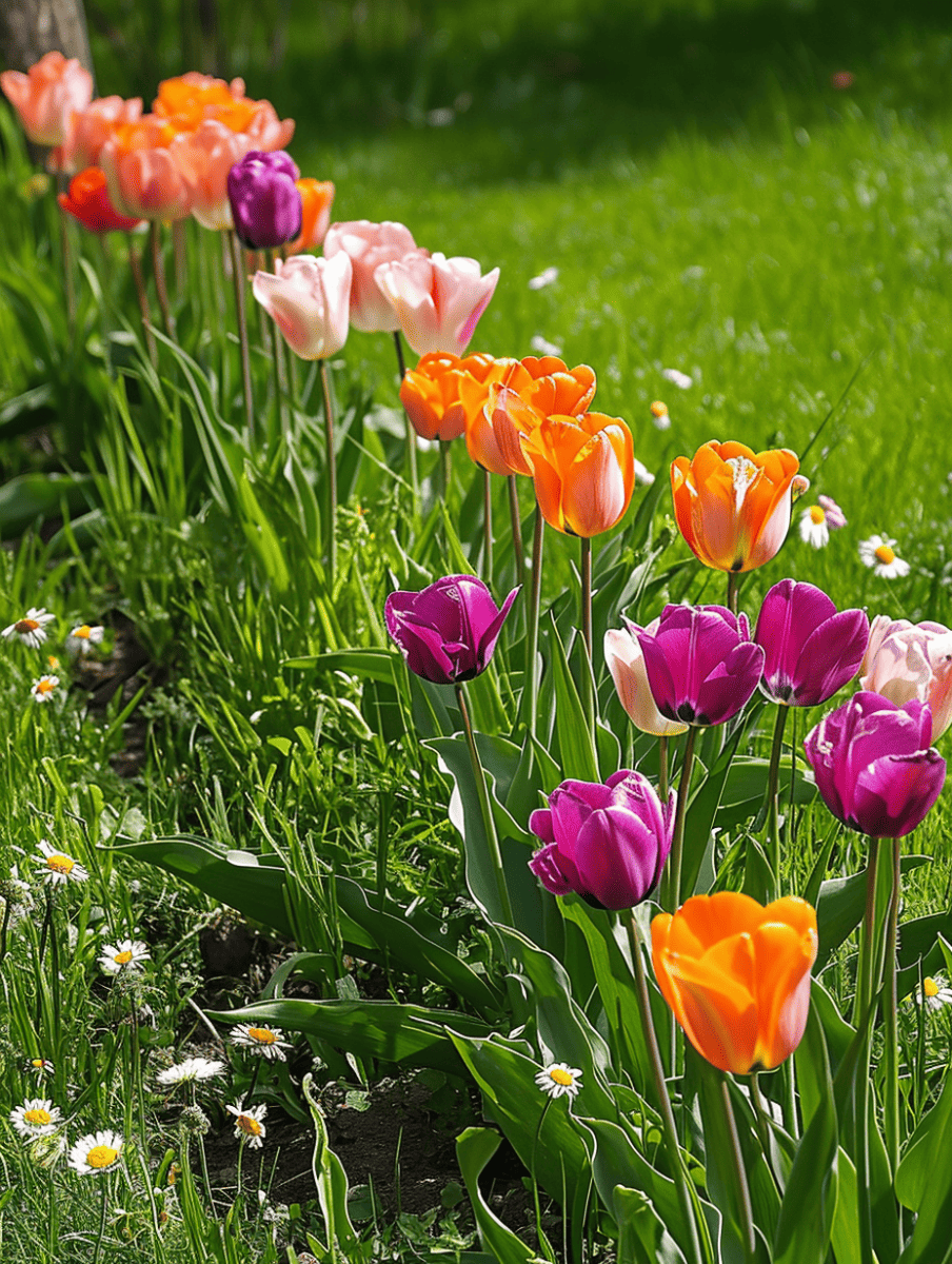 A diagonal row of tulips in varying shades of orange, pink, and purple gently sways in the lush greenery of a sunlit garden ar 3:4