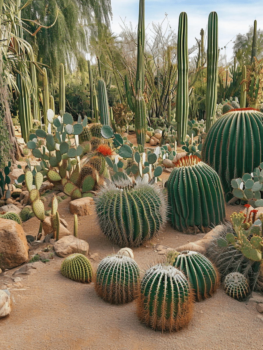 A diverse cactus garden, with an array of shapes and sizes, from tall columnar cacti to spherical barrel cacti and flat prickly pears, thriving in a sandy landscape with scattered rocks and a weeping willow in the background ar 3:4