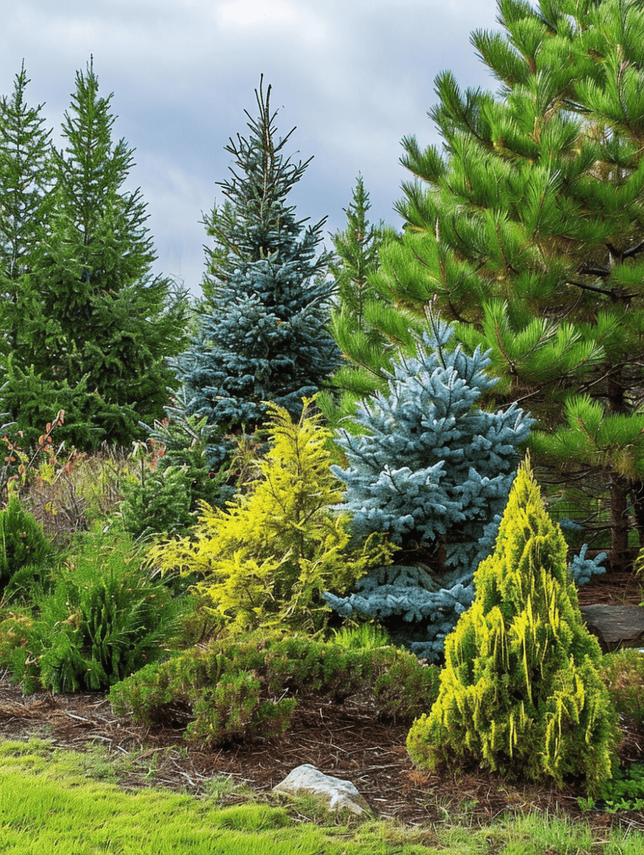 A diverse collection of coniferous trees in varying shades of green and blue, with a striking yellow specimen in the center, stands out in a well-maintained landscape against a cloudy sky ar 3:4
