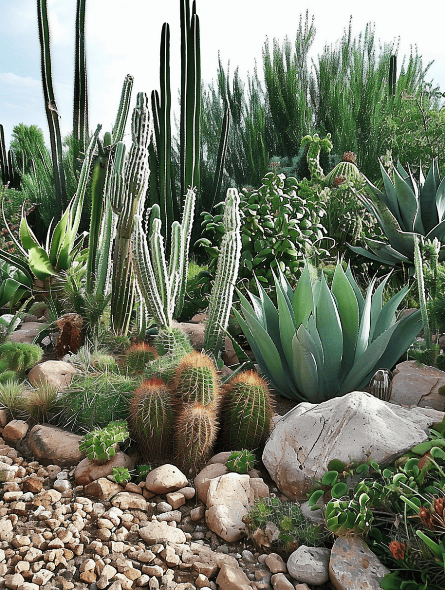 A diverse desert garden featuring an array of cacti and succulents, including tall, green columnar cacti, spiky barrel cacti, and broad-leafed agaves, with a backdrop of lush, feather-like shrubs, all nestled among a rocky ground ar 3:4
