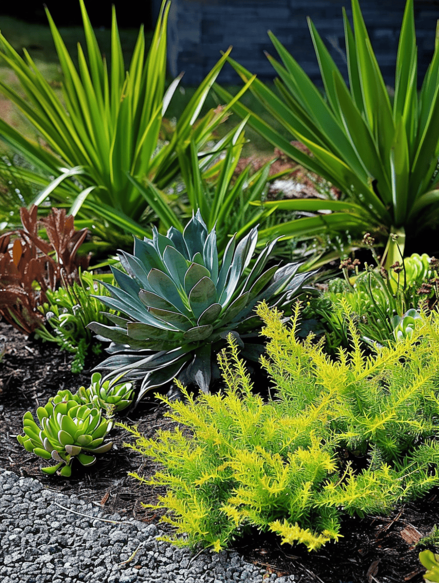 A diverse succulent bed with bright green yucca leaves, a large silvery-blue agave, and lime-green feathery plants, contrasting against dark soil and grey pebbles ar 3:4