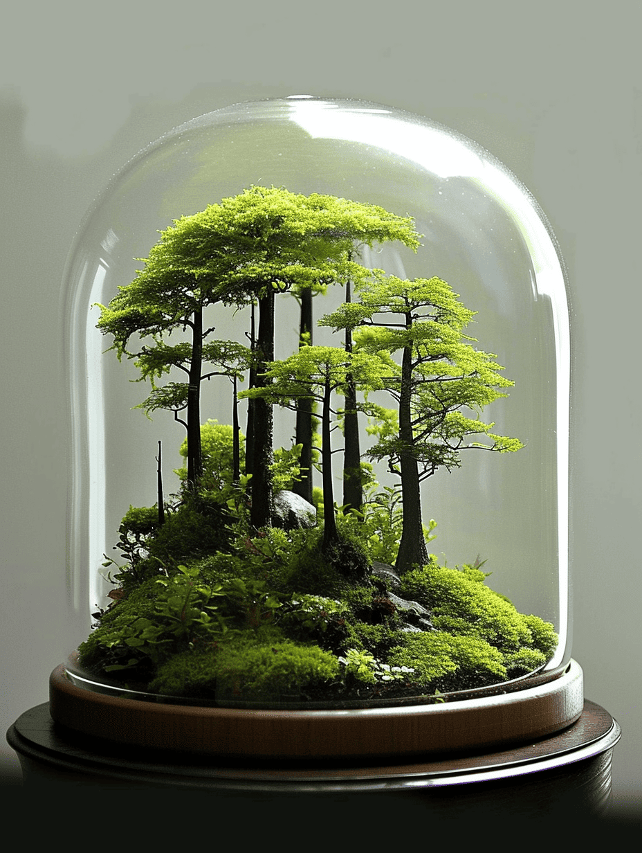 A dome-shaped glass terrarium displays a lush, miniature forest scene with moss-covered grounds and several detailed small trees, creating a vibrant ecosystem atop a wooden base ar 3:4