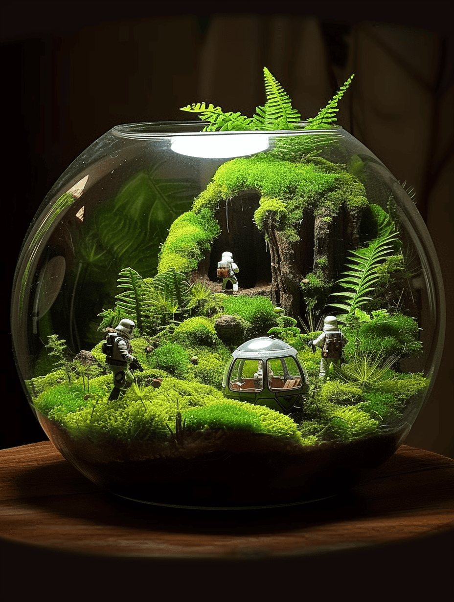 A spherical terrarium creates a fantastical scene with moss-covered ground and ferns, featuring miniature explorers and a small, detailed habitat, set upon a wooden stand ar 3:4