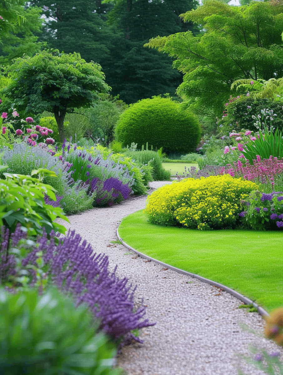 A finely gravelled deck path curves through an array of blooming perennials, from lavender to goldenrod, bordered by immaculate green lawns. --ar 3:4