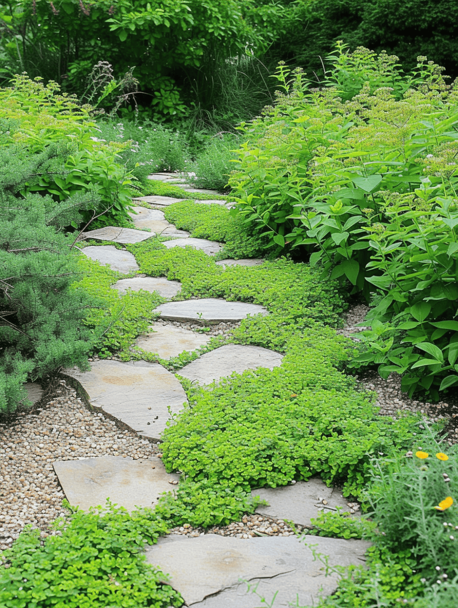 A flagstone path sprinkled with gravel meanders through a lush bed of fragrant green herbs, inviting a sensory journey. --ar 3:4
