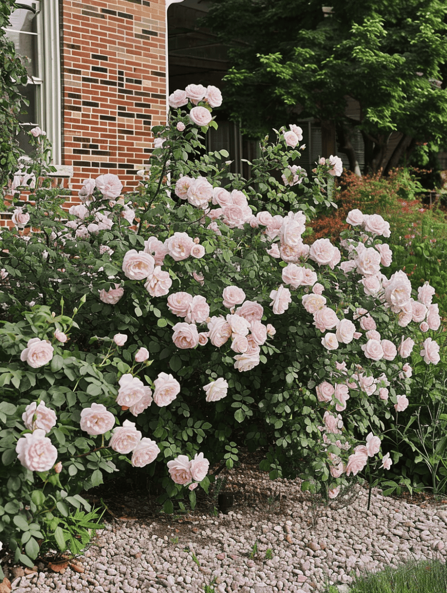 A flourishing rose garden with delicate pale pink blooms creates a soft, romantic accent against the red brick wall of a classic home ar 3:4