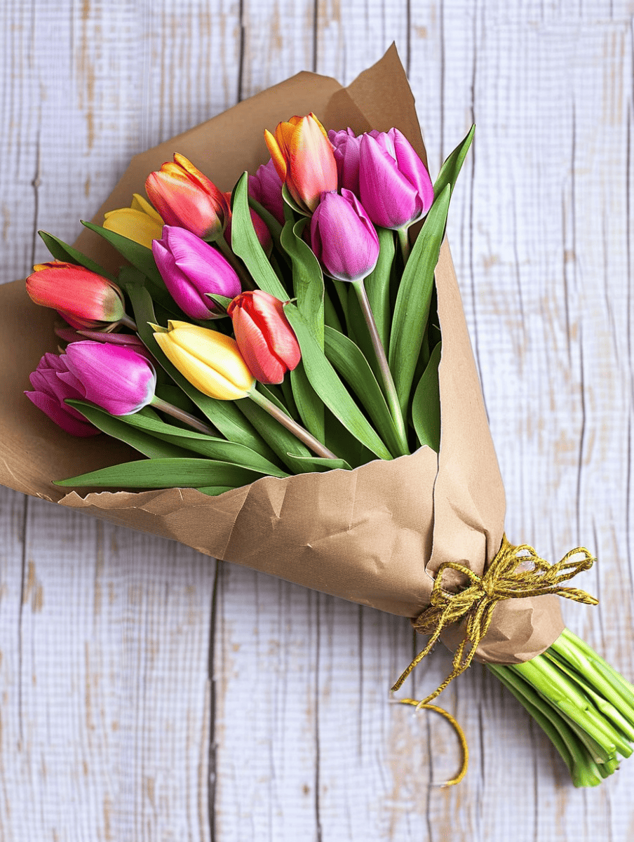 A fresh bouquet of tulips in shades of purple, pink, yellow, and red, wrapped in brown paper and tied with a golden cord, rests on a wooden surface ar 3:4
