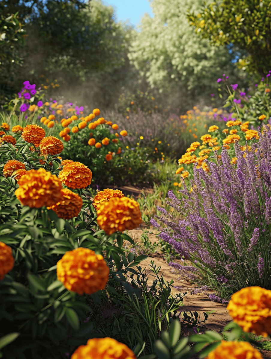 A garden path meanders through blooming marigolds and lavender, with the marigold's vivid orange complementing the soft purple hues of the lavender under a dappled sunlight canopy ar 3:4
