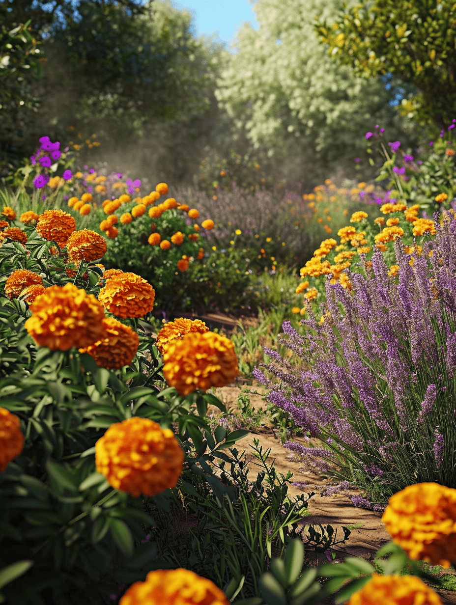 A garden path meanders through blooming marigolds and lavender, with the marigold's vivid orange complementing the soft purple hues of the lavender under a dappled sunlight canopy ar 3:4