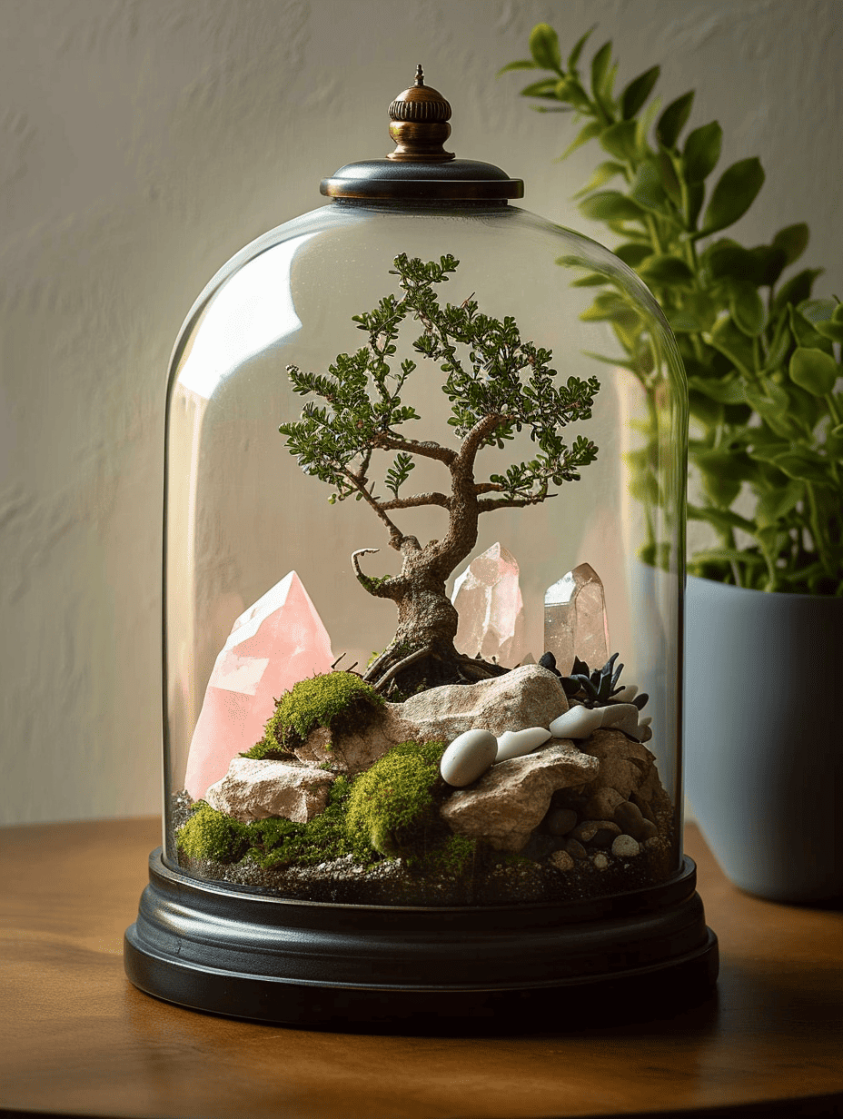 Enclosed within a glass bell jar terrarium on a dark base, a delicate bonsai tree stands among moss, stones, and pale pink crystals, on a wooden surface next to a potted plant ar 3:4