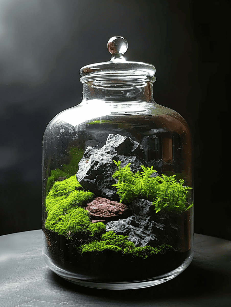 A glass jar terrarium displays an arrangement of vibrant green moss and dark, jagged rocks, artfully illuminated to highlight the textures and contrasts within ar 3:4