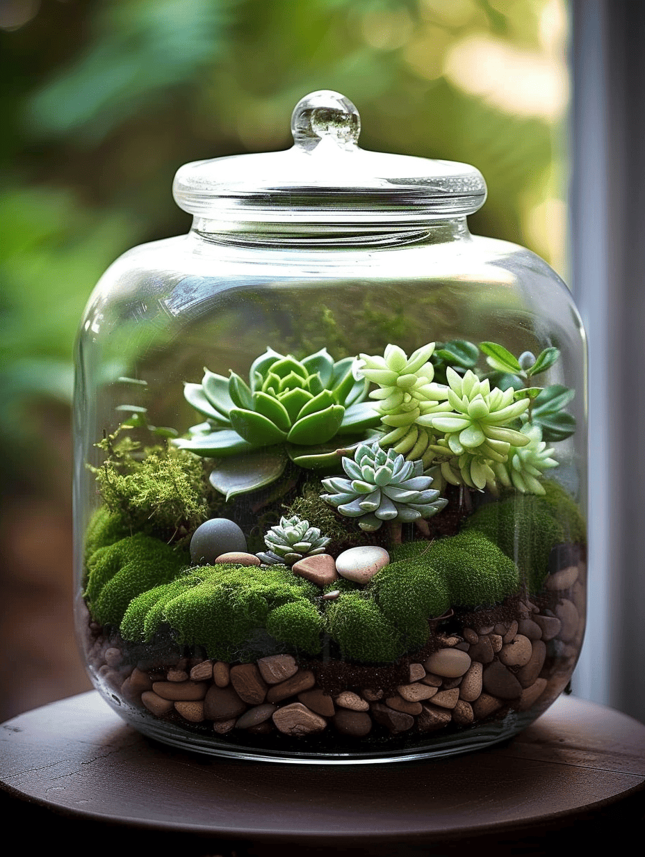 A glass jar terrarium on a dark surface presents a serene arrangement of succulents and moss over a bed of smooth pebbles, set against a backdrop of soft natural light ar 3:4