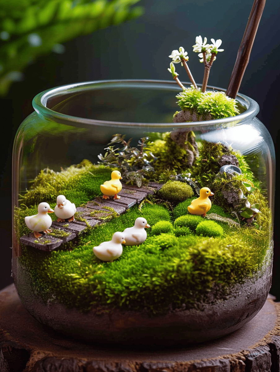 A glass terrarium houses a lush green mossy landscape adorned with miniature white and yellow duck figurines, and small blossoming plants, set against a dark background ar 3:4