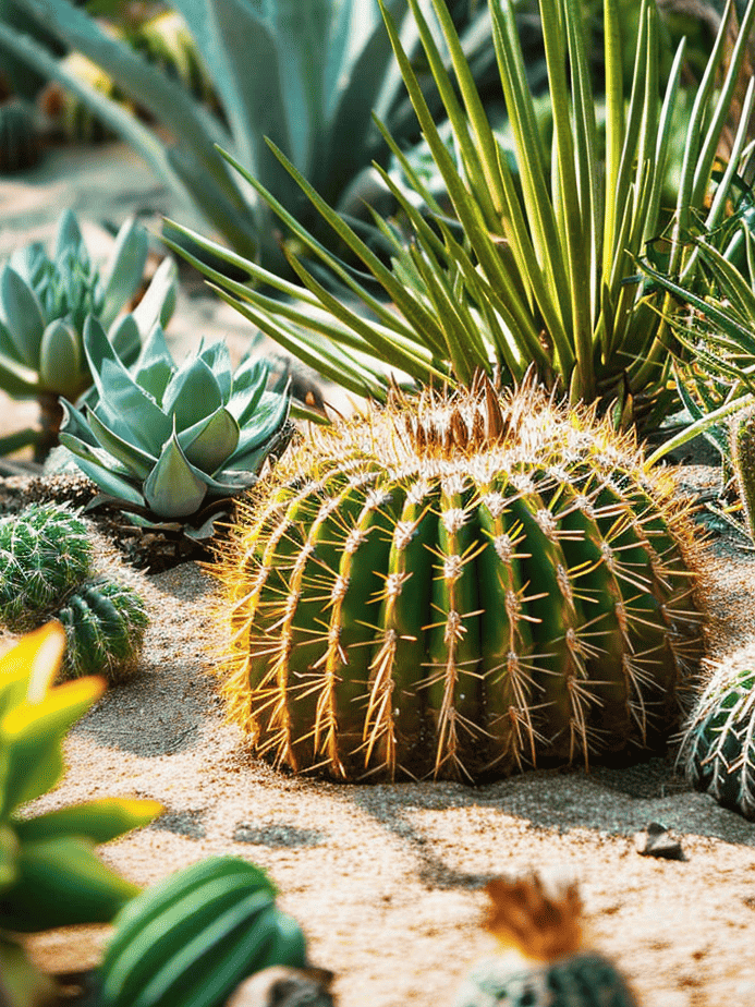 A golden barrel cactus takes center stage among a variety of succulents, including agave and echeveria, all thriving in a sandy desert garden with sun-dappled lighting ar 3:4